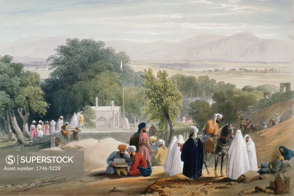 First Anglo-Afghan War 1838-1842: Tomb of Emperor Babur (d1530). From J Atkinson Sketches in Afghanistan London 1842. Hand-coloured lithograph.