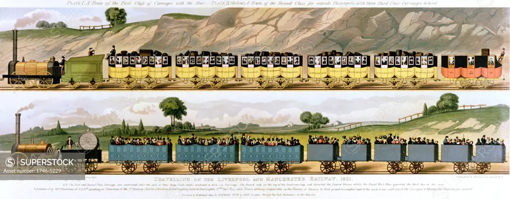 Travelling on the Liverpool and Manchester Railway 1831. Top: 1st class carriages drawn by locomotive 'Jupiter'. Bottom: 2nd and 3rd class carriages drawn by locomotive 'North Star'. The world's first passenger railway, the Liverpool and Manchester opened 15 September 1830:  Principal engineer George Stephenson. Lithograph.
