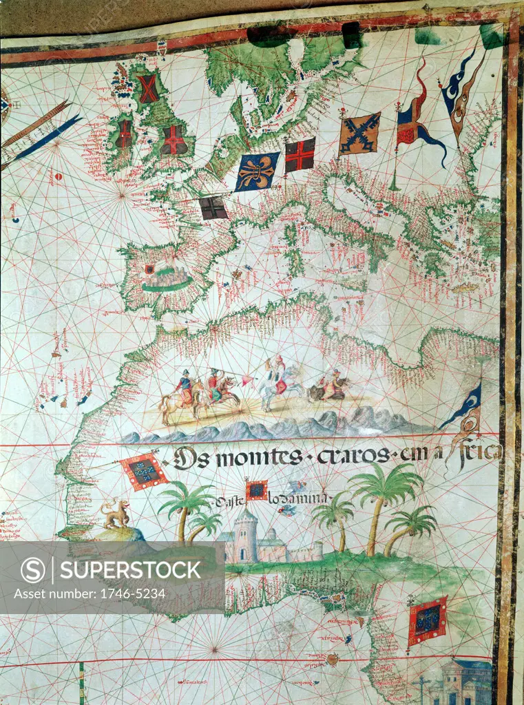 Portuguese map of 1558 by Bastian Lopez showing Europe, British Isles and part of Africa. British Museum.