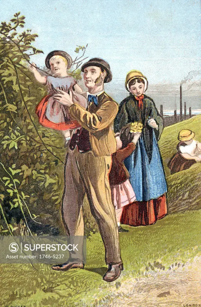 The Country Walk. Family from a mill town, whose chimneys are in background, taking a Sunday walk. Chromolithograph c1880.