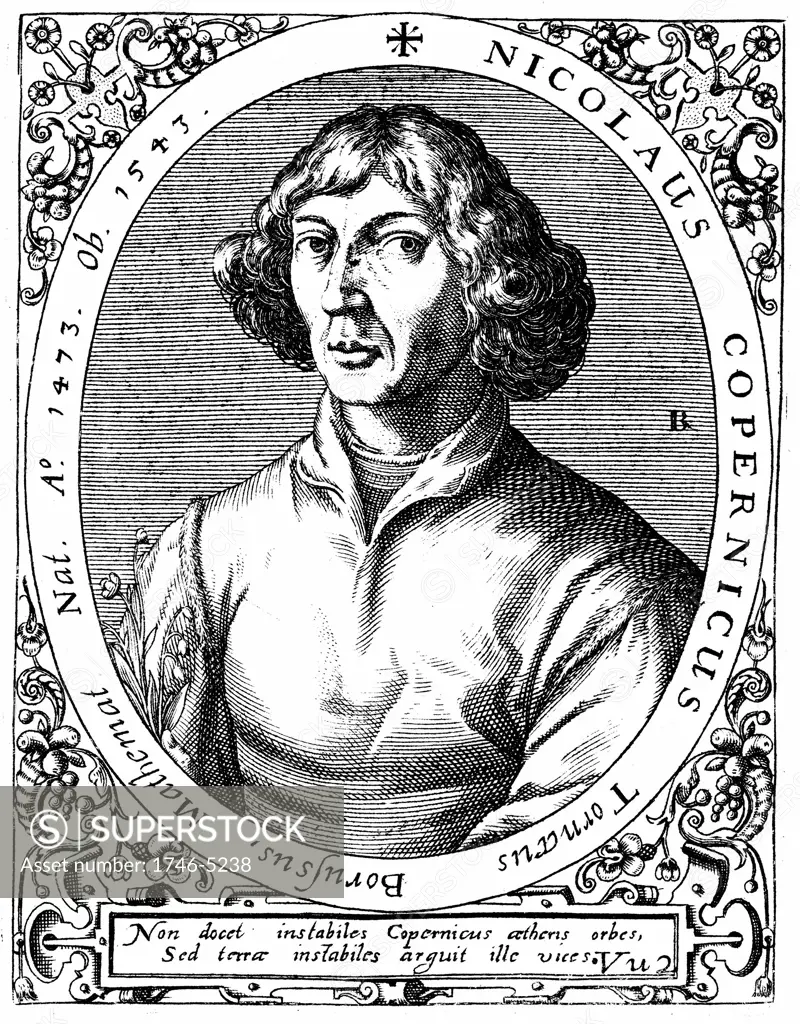 Nicolas Copernicus (1473-1543) Polish astronomer who in 1543 published De revolutionibus orbium coelestium in which he put forward proof of a heliocentric (sun-centred) universe. Copperplate engraving by de Bry, 1645.