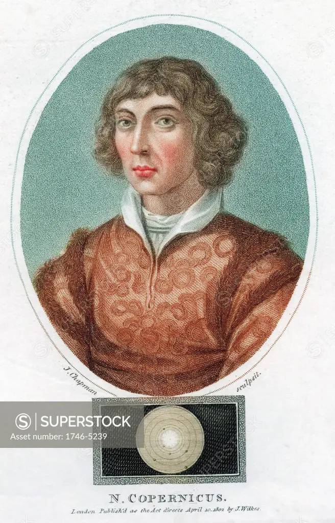 Nicolas Copernicus (1473-1543) Polish astronomer. In 1543 he published De revolutionibus orbium coelestium in which he put forward proof of a Heliocentric (sun- centred) universe. Coloured stipple engraving published London 1802.