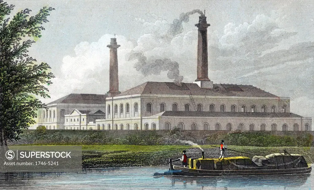 Gas Works on Regent's Canal, London. Hand-coloured engraving after TH Shepherd published 1828.