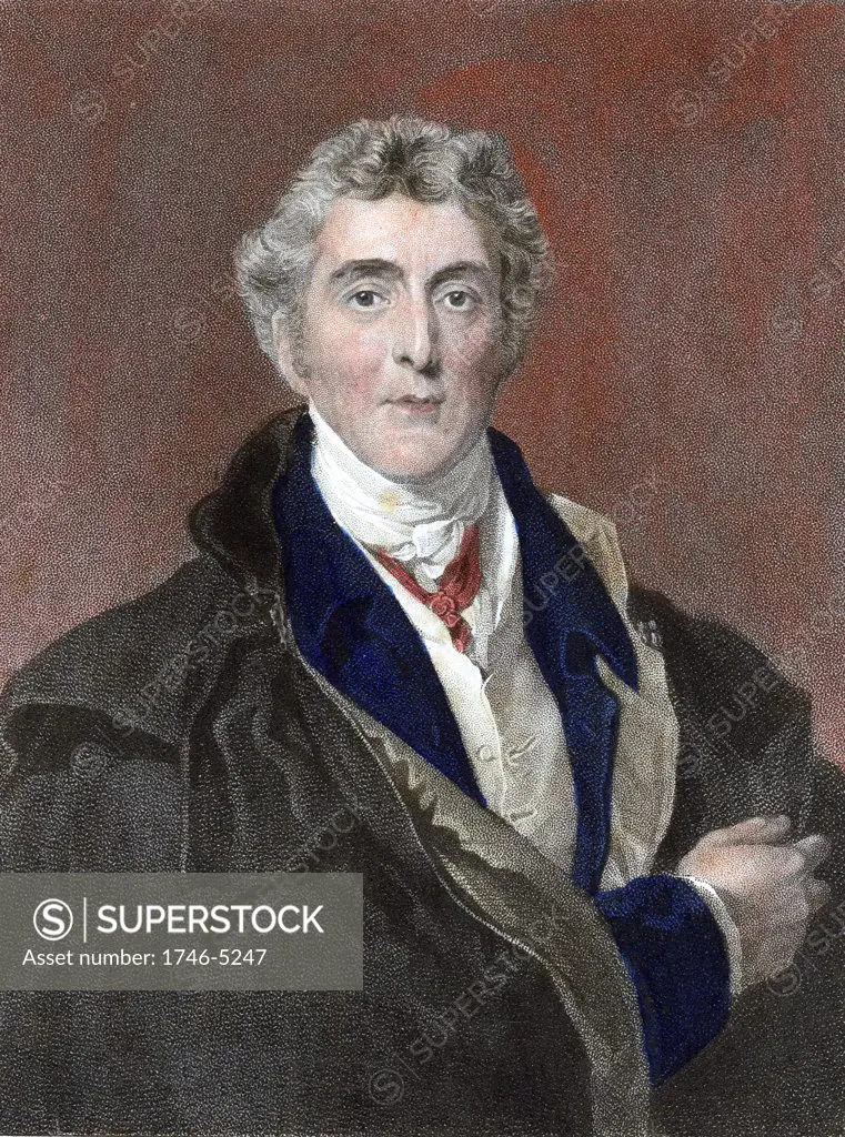 Arthur Wellesley 1st Duke of Wellington (1769-1852) British soldier and statesman. Defeated Napoleon at Waterloo. Hand-coloured engraving after portrait by Thomas Lawrence.