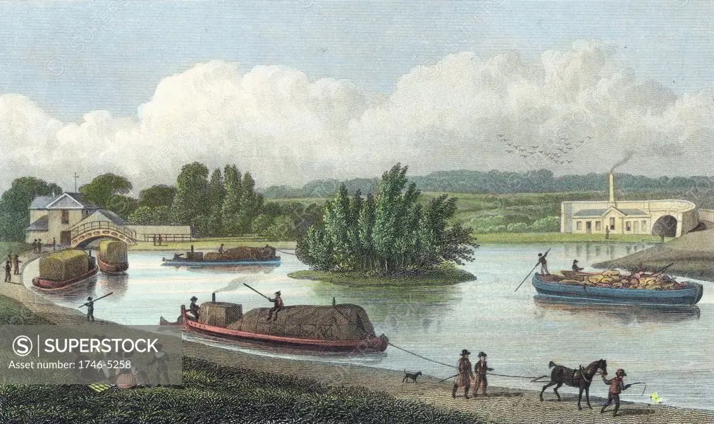 Junction of Regent's Canal at Paddington Basin, London. Hand-coloured engraving after TH Shepherd from London and Its Environs in the Nineteenth Century London 1828