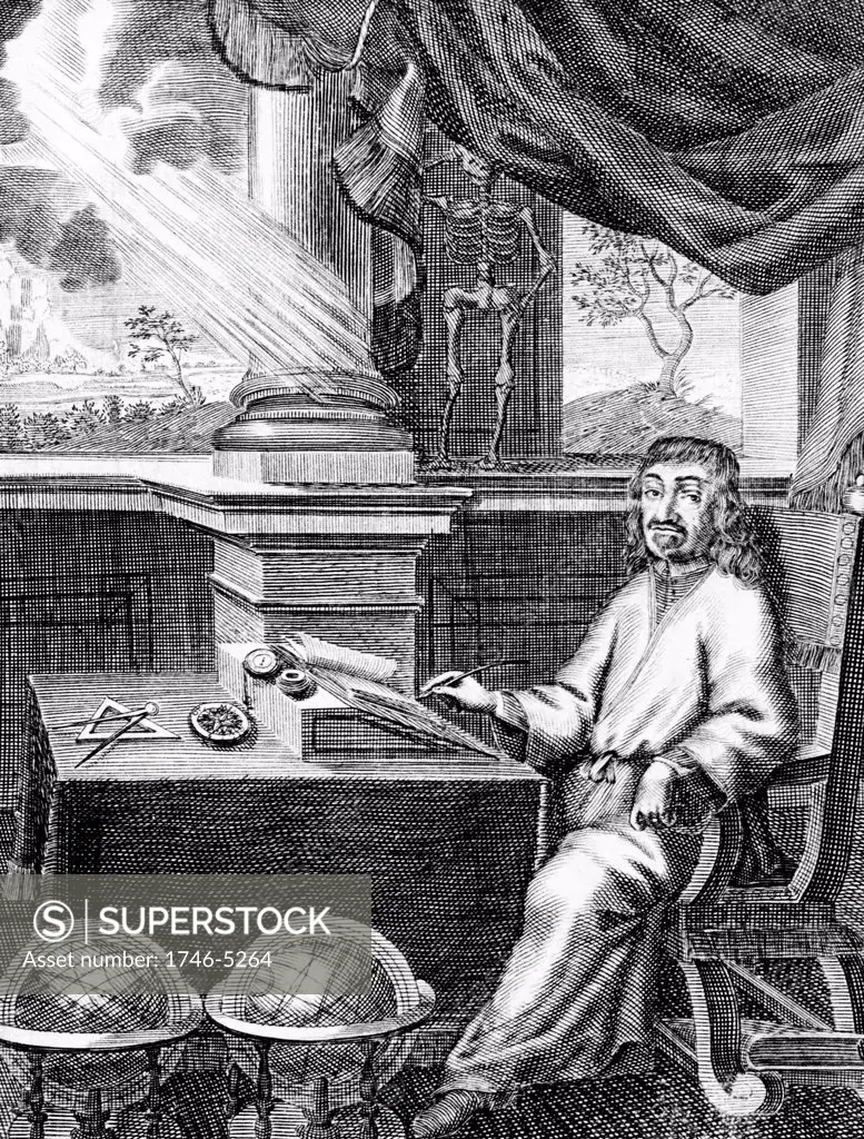 Rene Descartes (1596-1650) French philosopher and mathematician in his study.  Engraving from a 17th century edition of his colected works.