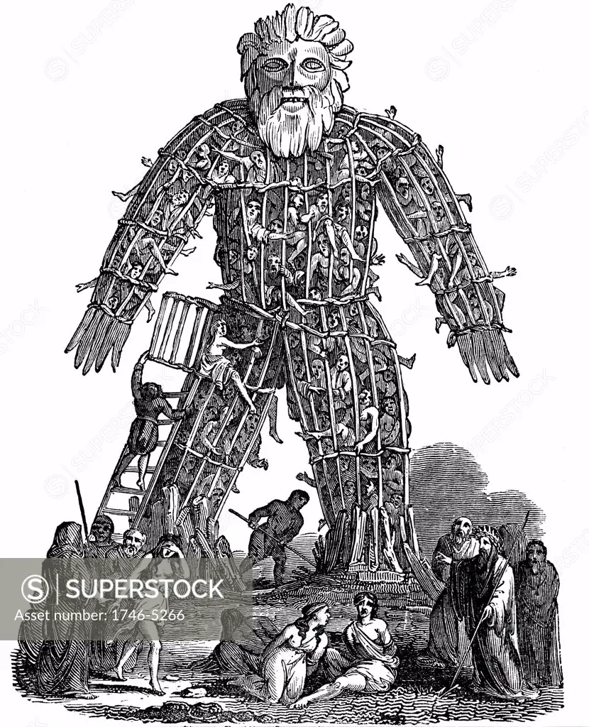 Druids making human sacrifice to their gods, based on report by Julius Caesar. Druids, the priests, teachers and judges of Celts suppressed by Romans c50 AD. Woodcut 1832. Wicker Man.