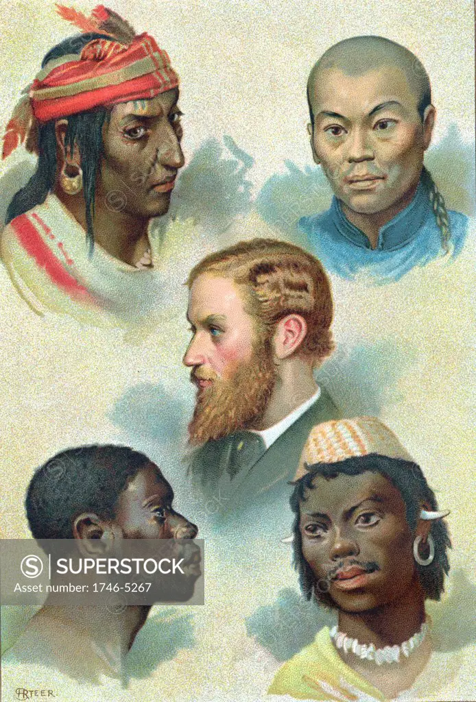 Five types into whichthe German doctor and physiologist Johann Freidrich Blumenbach (1752-1840) divided the human race: Caucasian, Mongolian, Malayan, Ethiopian and American.