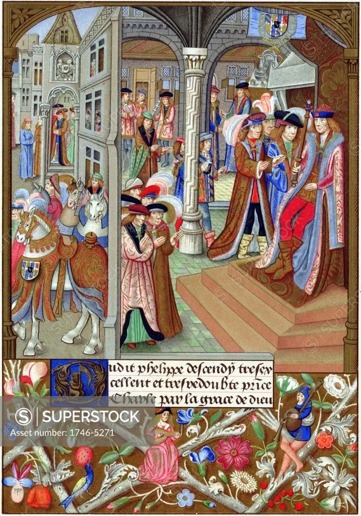 Charles The Bold (1433-77) Duke of Burgundy from 1467, enthroned and surrounded by his nobles and counsellors. In illuminated border, a woman plays a lute and a man the bagpipes. Chromolithograph from a 15th century miniature.