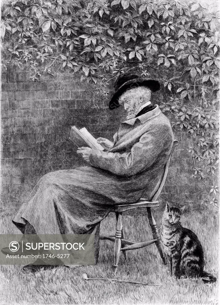 Thomas Carlyle (1795-1881) Scottish-born British historian and essayist reading in his garden in Chelsea, London. Etching after painting by Helen Allingham.