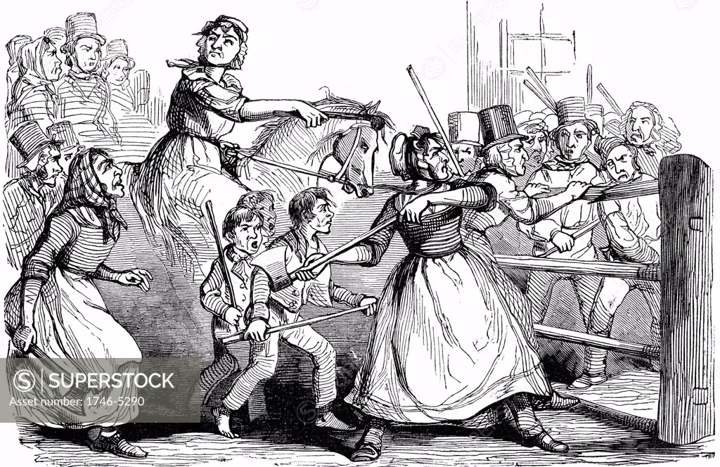 Rebecca Riots in Wales. Men and boys, many dressed as women, attacking a turnpike gate in protest at charges at tollgates on public roads. Another of their main targets was union workhouses. From The Illustrated London News  (London,  11 February 1843).