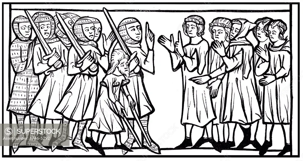 Envoys of Sultan, old merchant on crutches acting as interpreter, discussing ransoms with Christian knights taken prisoner during a Crusade. Woodcut after miniature in late 13th century manuscript Credo du Joinville.