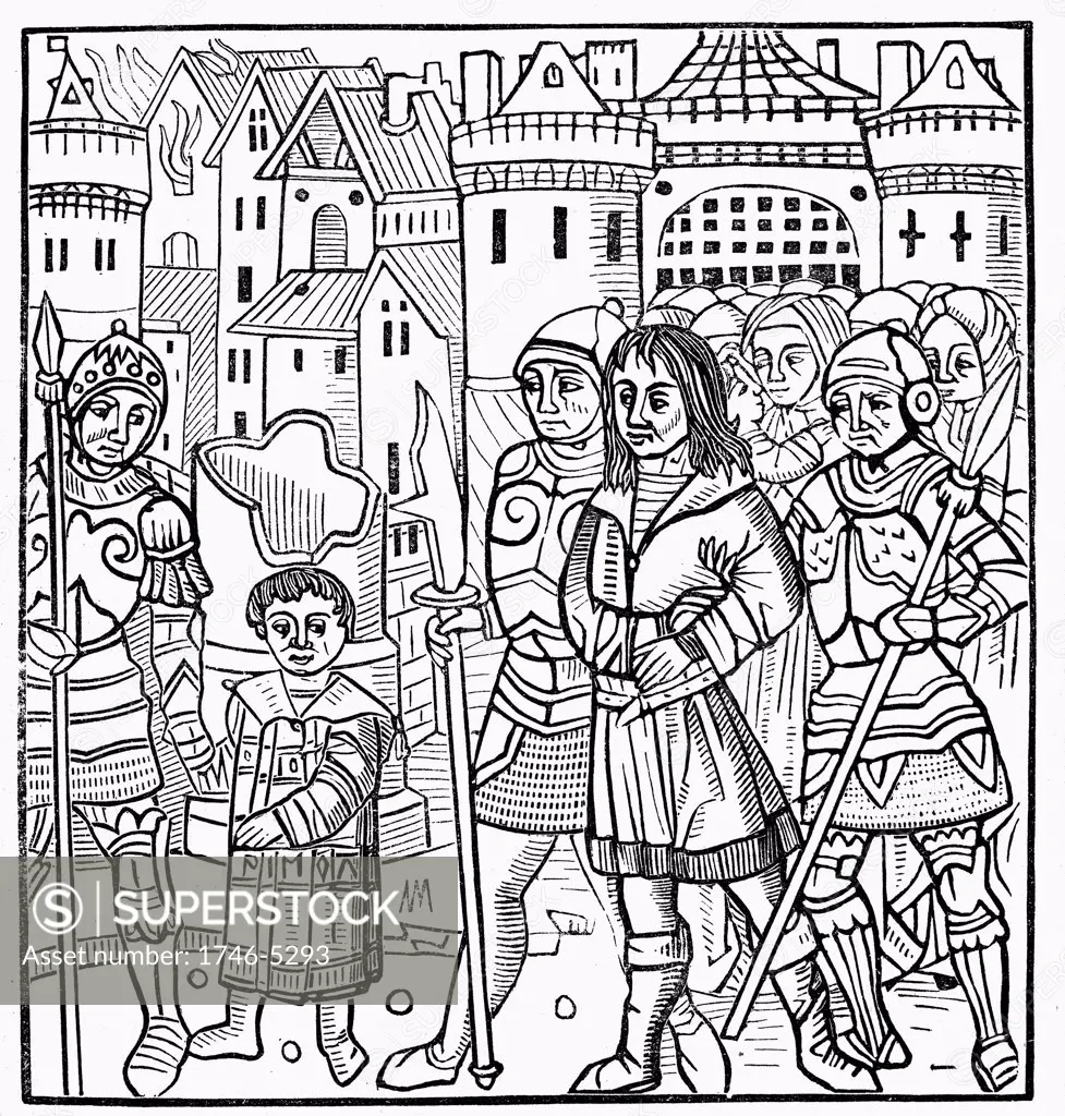 Saint Louis (Louis IX of France) and his brothers Alphonse and Charles taken prisoner during the Sixth  Crusade. Ransomed 1250. Woodcut of 1522. Incidence of Scurvy high amongst Crusaders .