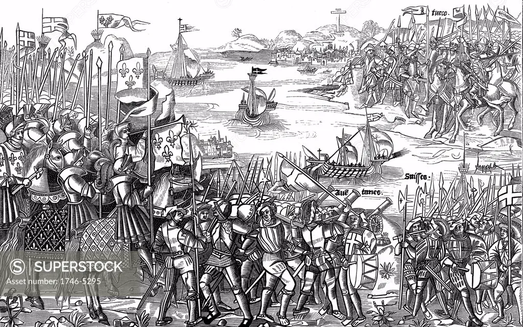 Saint Louis (Louis IX of France) on his first (the Sixth) crusade disembarking of Damietta (Nile Delta) which he captured in 1249. Saracen army at top right. Woodcut from Grand voyage de Hierusalem 1522.