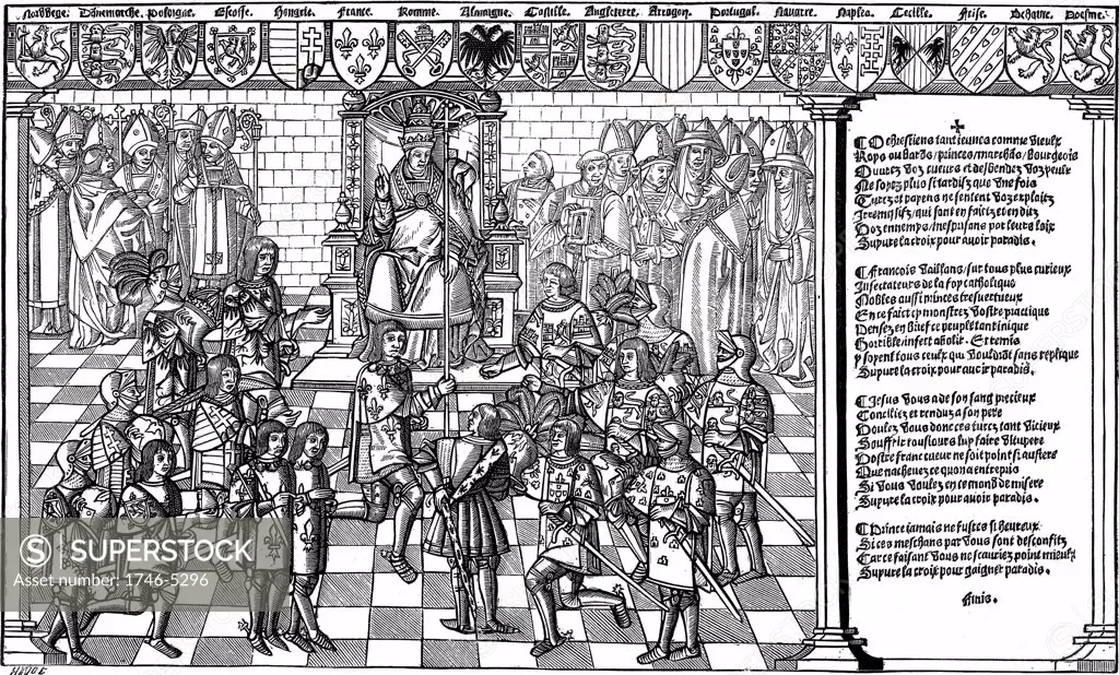 Urban II, Pope (1088-99) presiding over Council of Claremont of 1095 which launched the First Crusade. Woodcut from Grand voyage de Hierusalem 1522.
