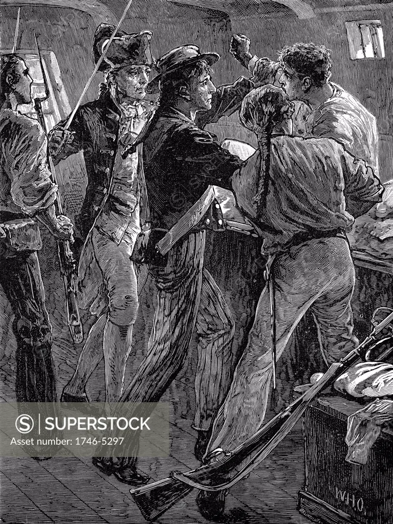 William Bligh (1754-1817) British naval officer, seized in his cabin by mutinous crew of 'HMS Bounty', led by Fletcher Christian (with sword) 28 April 1789. Late 19th century engraving.