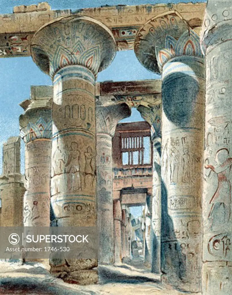 Hypostyle Hall in the temple to Amon-Re at Karnak, Upper Egypt, built by Ramses I and Ramses II. Chromolithograph, circa 1870