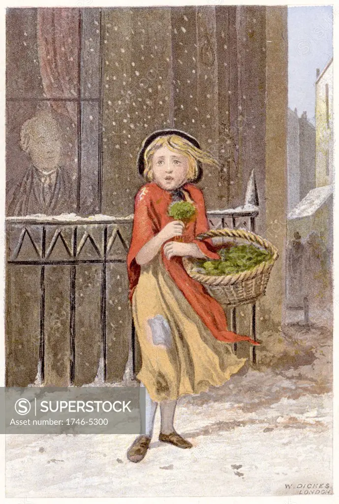 Young girl in rags and wearing a shawl, selling watercress on street in a corner in a snowstorm. Chromolithograph London c1880