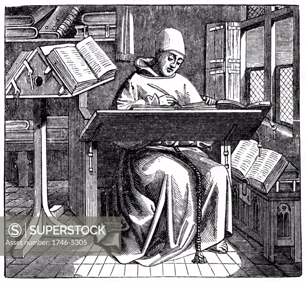 Monk at work on a manuscript in the corner of a scriptorium.  Engraving after 15th century manuscript