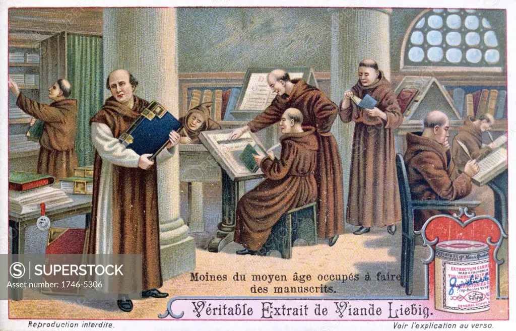 Monks at work on manuscripts in a scriptorium.  Liebig trade card c1900. Chromolithograph