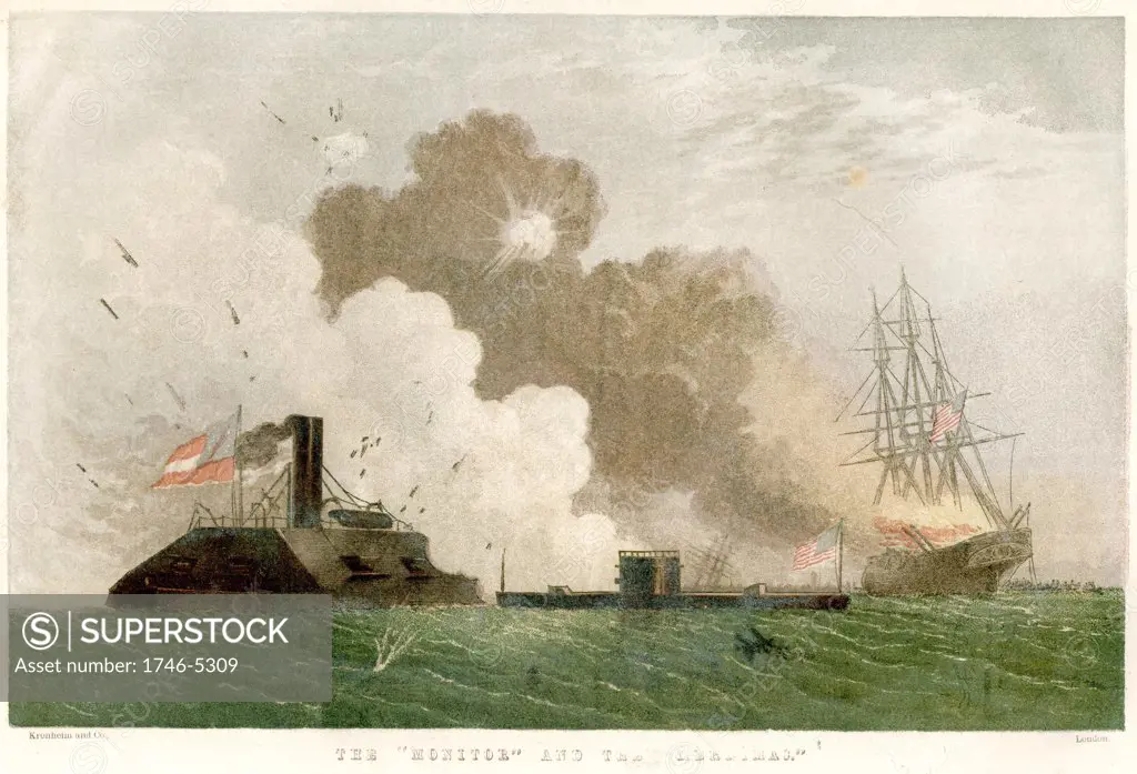 American Civil War: Engagement between Confederate ironclad 'Merrimac' and Union ironclad 'Monitor' - 8 March 1852. Chromolithograph published 1864