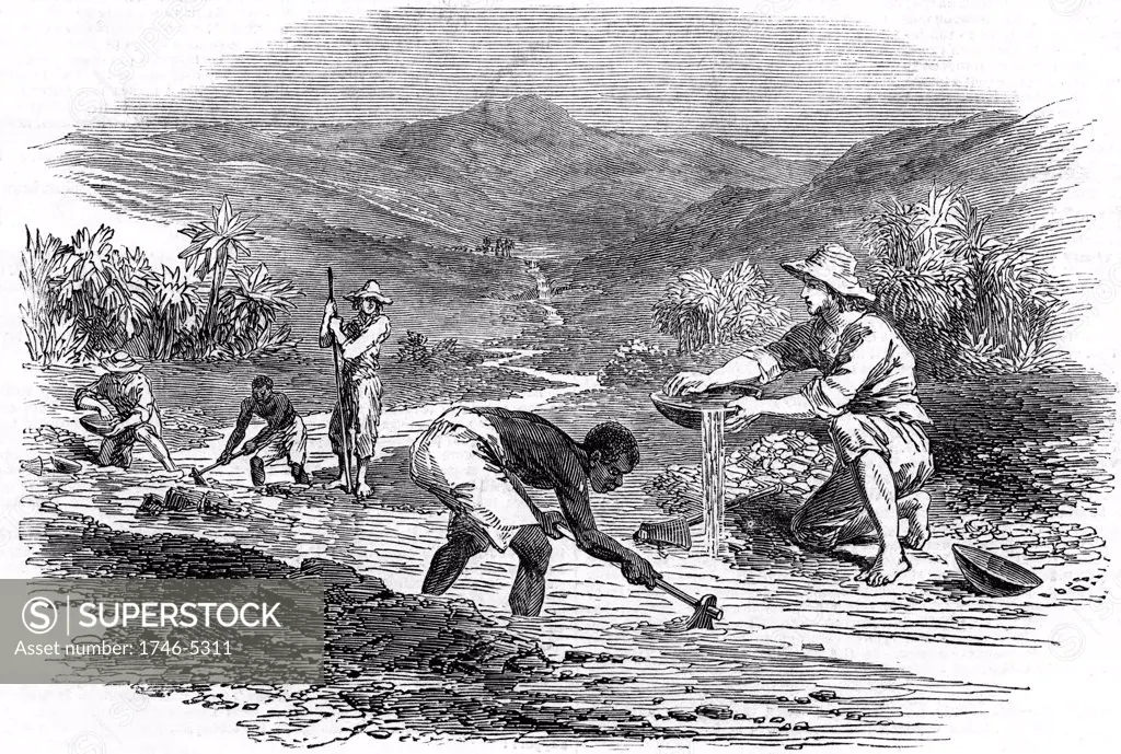 Panning for gold during the Californian Gold Rush of 1849. From The Illustrated London News 6 January 1849. Wood engraving