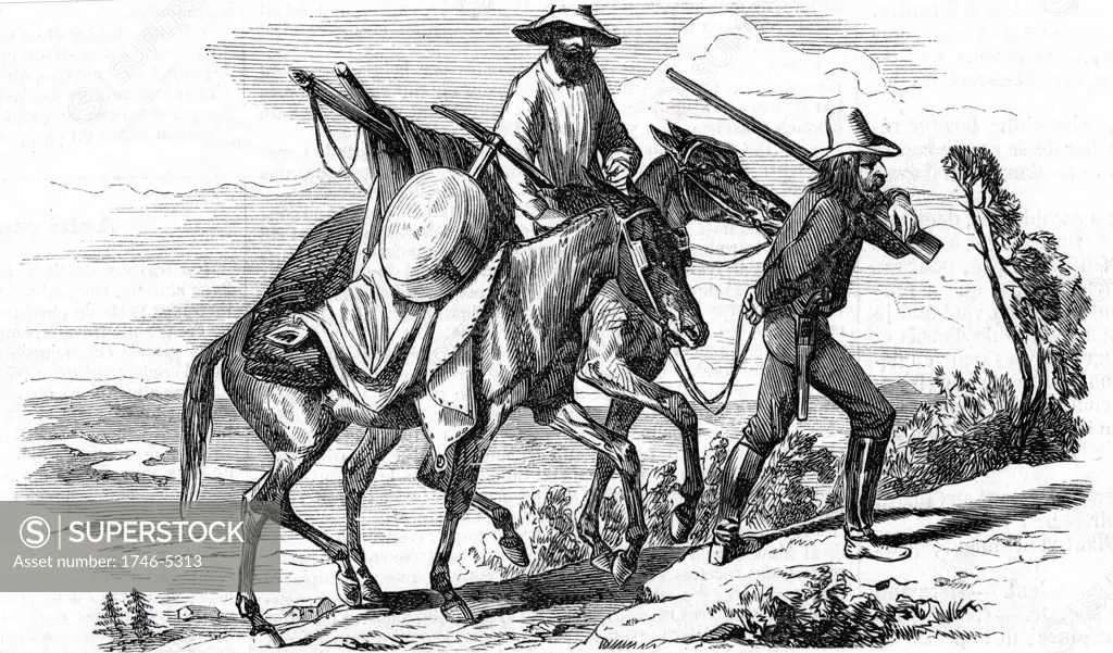 Hopefuls off to the Californian gold fields with their belongings and equipment loaded on their horses and carrying pistols and rifle.  From L'Illustration Paris 18 June 1853. Wood engraving