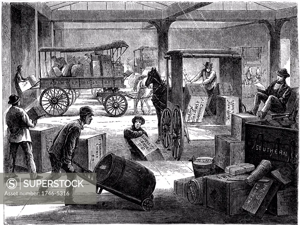 Loading up horse-drawn vans at the Wells Fargo general office, New York. From Harper's New Monthly Magazine New York 1875. Wood engraving.