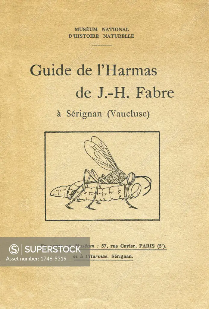 Jean-Henri Fabre (1823-1915) French entomologist.  Cover of booklet published 1933 with illustration showing a parasitic wasp which will lay it's eggs in the caterpillar where they will hatch and live on the victims body.