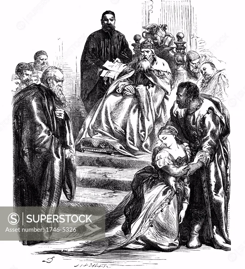 Shakespeare Othello Act 1: Brabantio agrees to his daughter Desdemona's marriage to Othello. 19th century engraving.