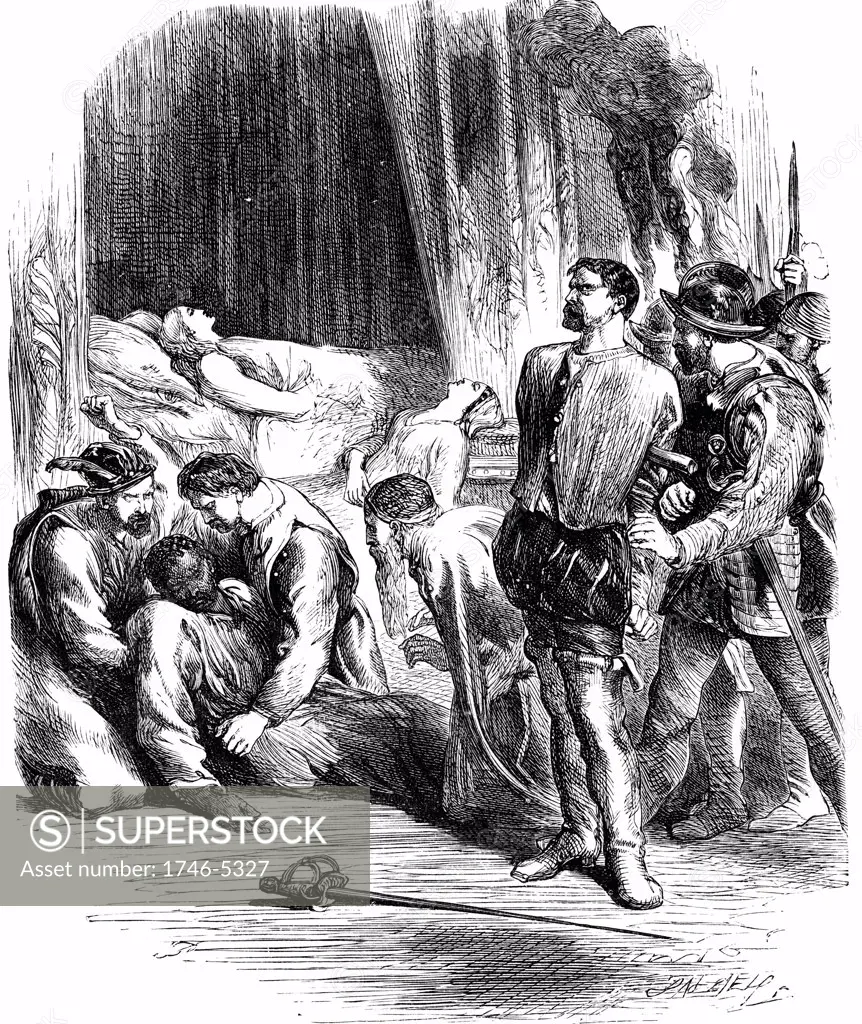 Shakespeare Othello Act 5: Desdemona and Emilia lie dead, Othello has stabbed himself and Iago is taken prisoner. 19th century engraving.