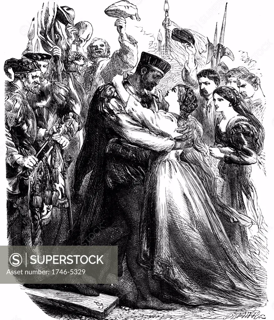 Shakespeare Othello Act 2: Othello welcoming Desdemona to Cyprus. 19th century engraving.