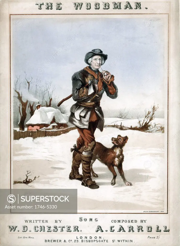 The Woodman setting off to work in snowy landscape, axe under arm and billhook tucked in belt, with pipe for comfort and dog for company. Coloured lithograph from cover of song with lyrics by WD Chester, composer A Carroll