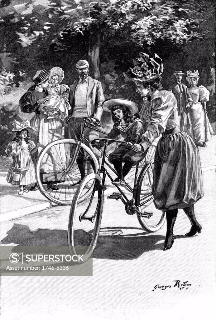 Cycling: Lady in 'Rational' cycling dress of knickerbockers and gaiters, giving small daughter a ride on the saddle. French illustration c1890.