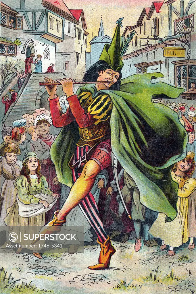Pied Piper leading away children of German town of Hamelin. Illustration from children's book of c1899. Best known in English speaking world from Robert Browning's poem, the legend is that in 1284 town infested with rats. Piper not paid for ridding town of vermin, so returned and this time when he played his pipe all the children came out and he led them away. Only two remained, one blind and one lame. Oleograph