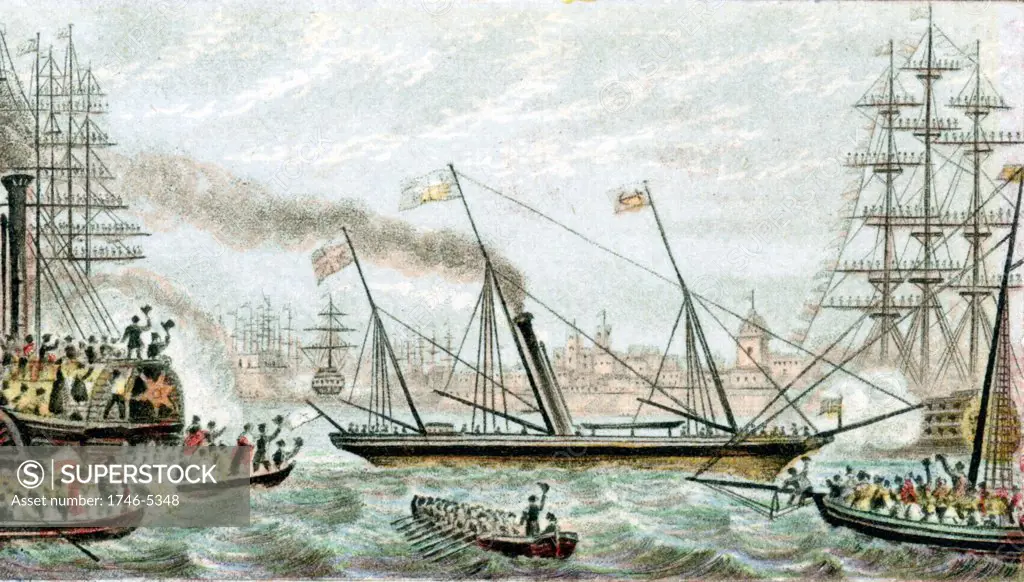 'Victoria and Albert' the first steam-driven royal yacht. Queen Victoria being cheered as yacht carries her to naval review at Spithead. Baxter needlebox print c1855. Oleograph