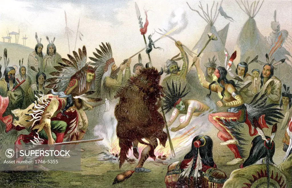 Sioux (Dakota, North American Plains Indians) War Dance: Usually 4 days of ceremonies before departure for battle. Ceremonies such as this induce a state of self hypnosis. Chromolithograph 1888.