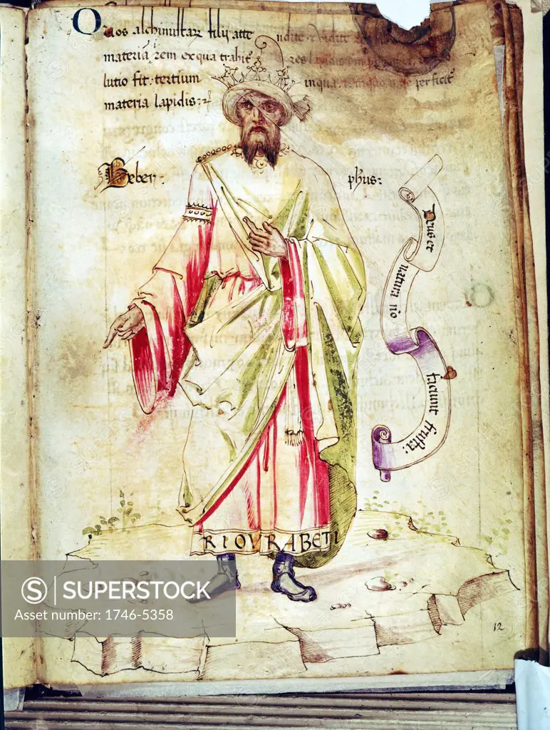 Jabir Ibn Hayyan, Abu Musa (c721-c815 - Al Jabir: Geber) Arab alchemist. Court physician to Harun al-Rashid. From manuscript in Biblioteca Medicea Laurensiana, Florence, Italy