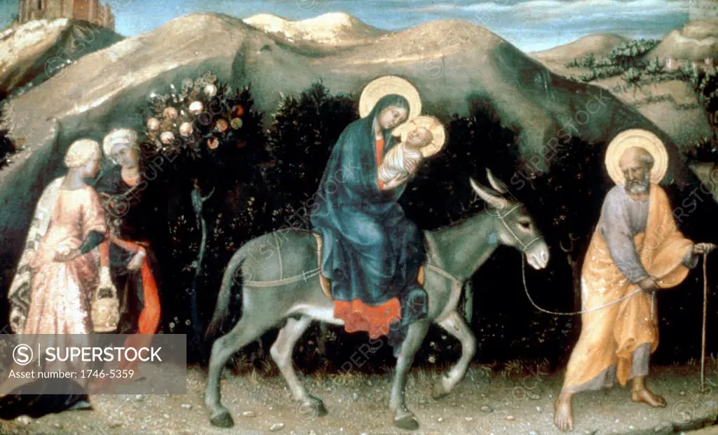 Flight into Egypt: Bible Matthew 2. Predella panel from Gentile da Fabriano (c1385-1427) altarpiece 'Adoration of the Magi' 1423, tempera on wood. Mary, riding on a donkey, carries Jesus  in swaddling bands, Joseph leads donkey. All three have haloes.