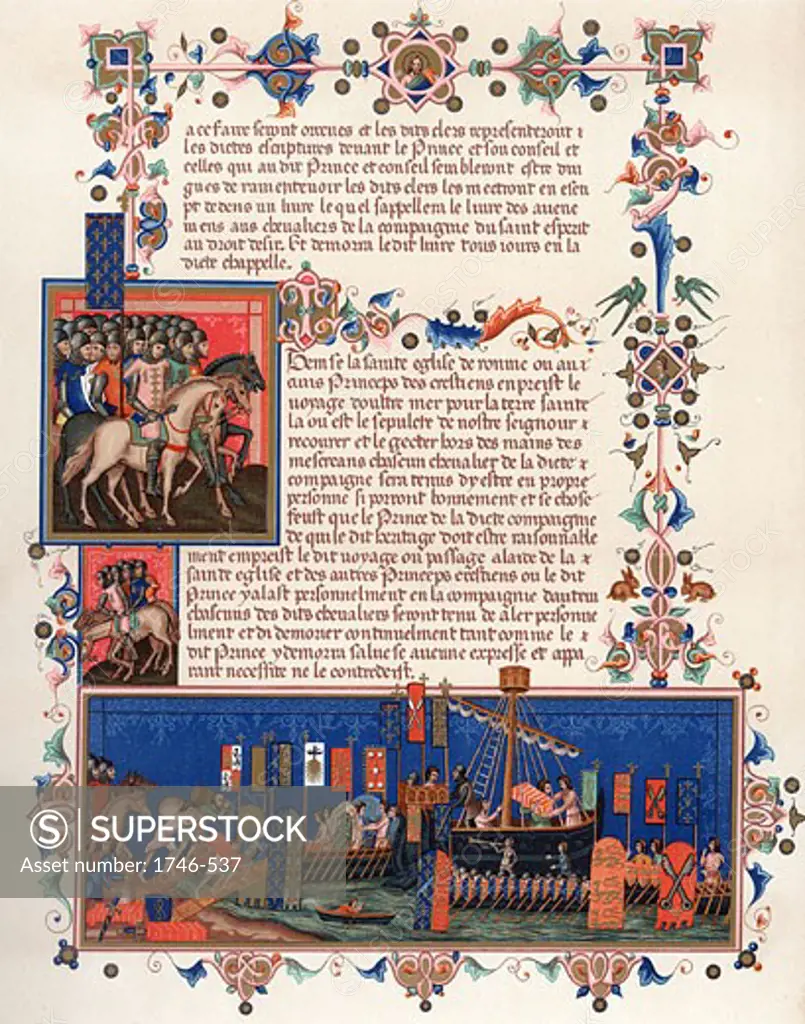 'Crusaders embarking for the Holy Land. Page from 15th century ''Statutes of Order of Saint Esprit''. Banners show Papal arms, those of Holy Roman Emperor and the kings of England, France and Sicily. Chromolithograph'