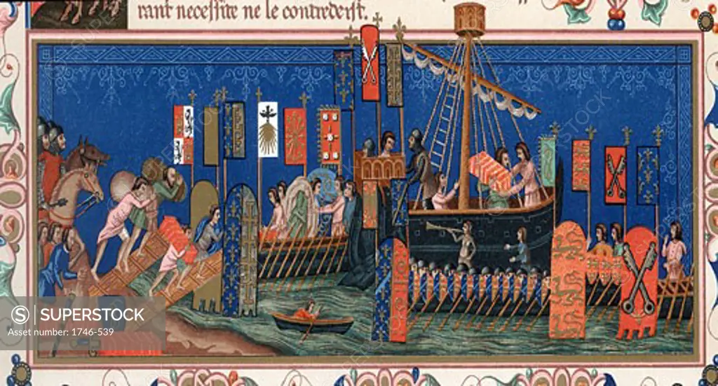Crusaders embarking for the Holy Land. Detail from 15th century "Statutes of the Order of Saint Esprit". Banners show Papal arms, those of Holy Roman Emperor, and kings of England, France and Sicily. Chromolithograph  
