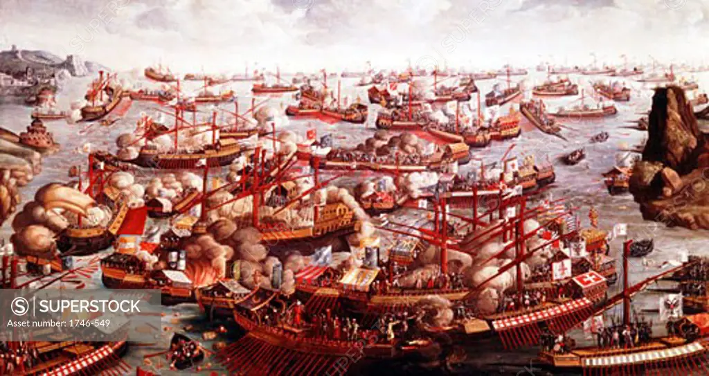 Battle of Lepanto, October 1571. Fleets of Spain, Venice and the Pope, under command of Don John Juan of Austria, defeated the Turks in the last great sea battle involving Galleys. Artist unknown. Oil on canvas. National Maritime Museum, London