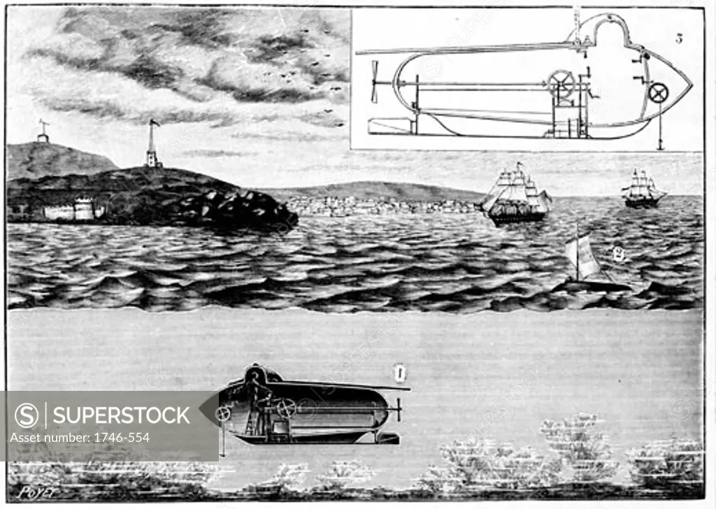Robert Fulton Submarine American inventor and engineer (1765-1815): His submarine Nautilus . 1)Travelling on surface: 2)Submerged. Fulton demonstrated the vessel on the Seine, May 1801. Boat powered manually. Engraving Paris 1901