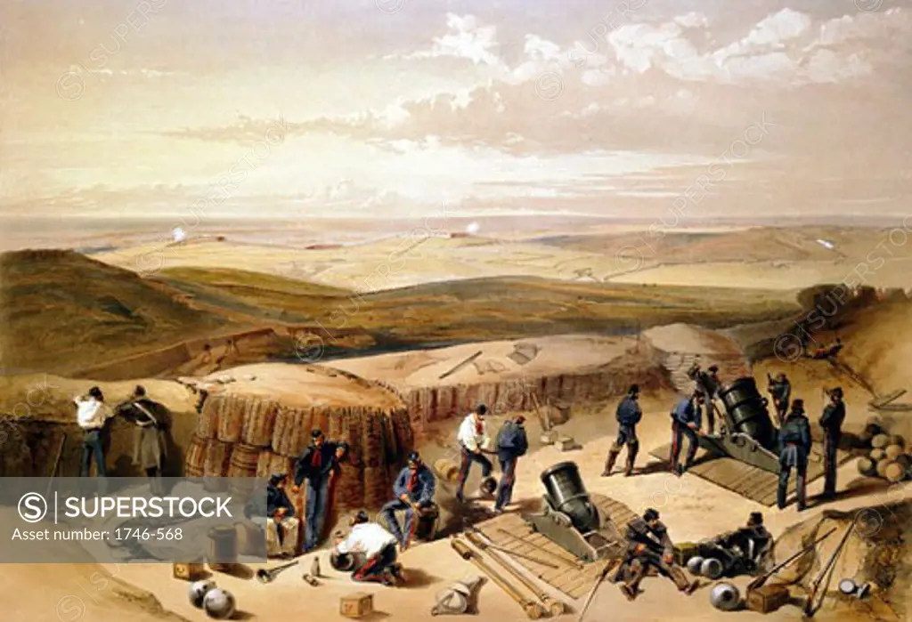 The New Works at the Siege of Sevastopol. Mortar battery on right of Jordan's battery'. From William Simpson Illustrations of the War in the East 1855-1856, Crimean War 1853-56