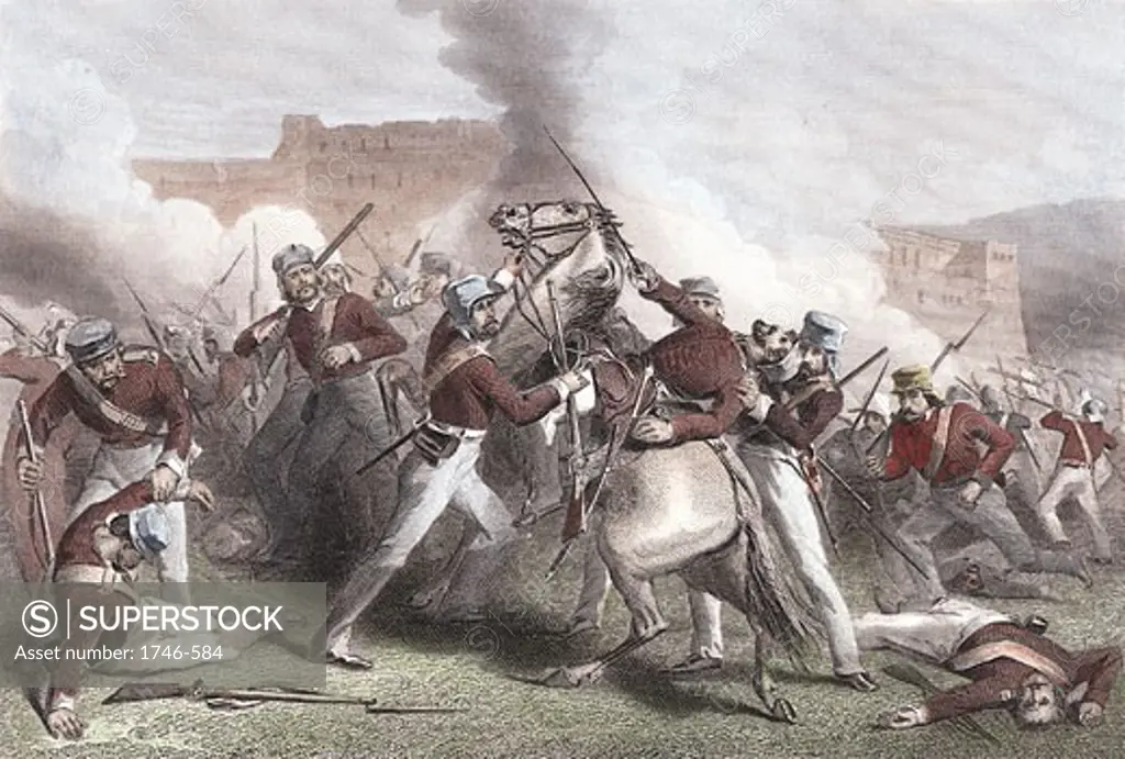 Indian Mutiny 1857-59: Death of Brigadier Adrian Hope during British attack on Fort Roodamow 15 April 1858. Hand-coloured engraving