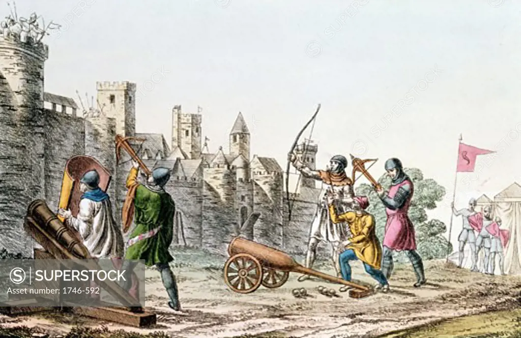 Hundred Years War between France and England. English troops attacking the walls of a French town with early cannon and both longbows and crossbows (1375-1425) Hand-coloured lithograph c1830