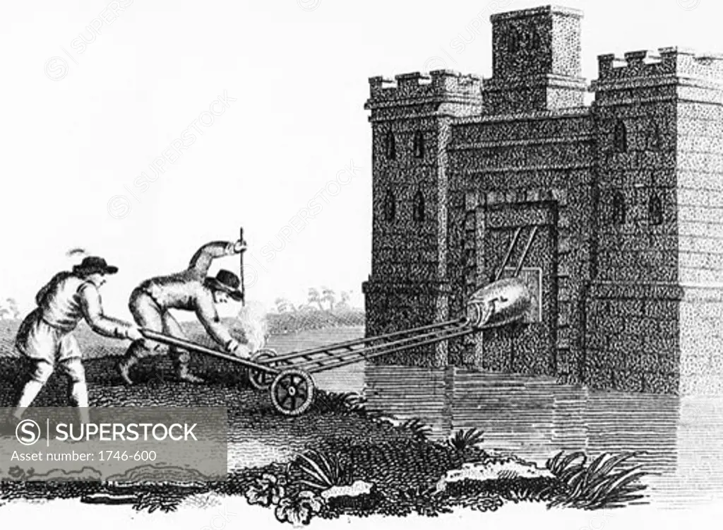 Method of fixing petard (explosive device) to fortress gateway when protected by moat. Stipple engraving c1800