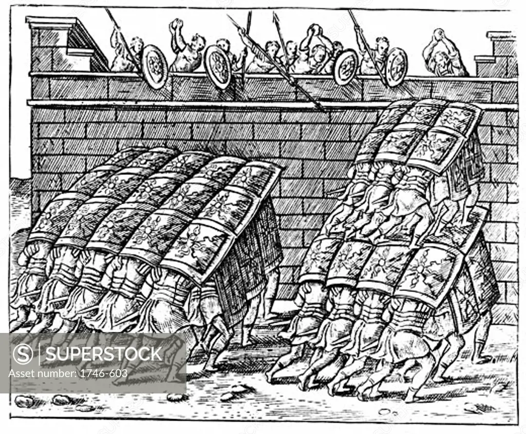 Roman soldiers forming a Tortoise with their shields and approaching the walls of a besieged fortress, From Poliorceticon sive de machinis tormentis telis by Justus Lipsius (Antwerp, 1605), Engraving