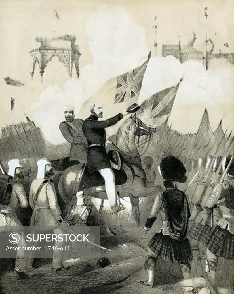 Indian (Sepoy) Mutiny 1857-1859: Robert Cornelis Napier (1810-90) British military commander, making triumphant entry into Delhi. Cover of sheet music of The Battle March of Delhi. Tinted lithograph c1860