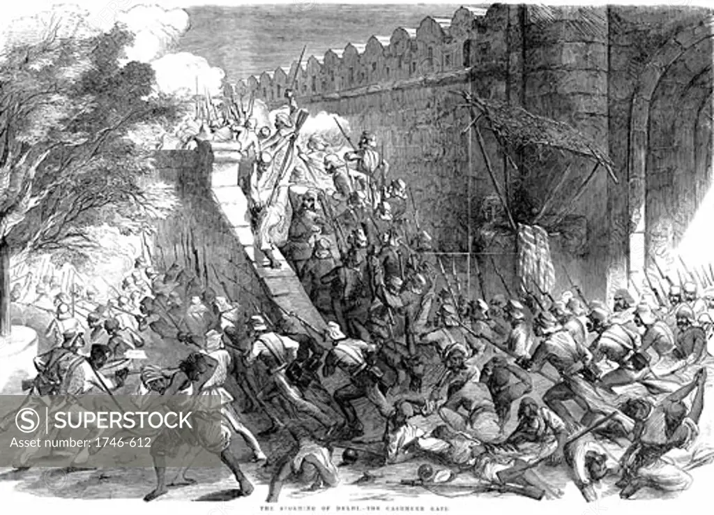 Indian (Sepoy) Mutiny: Siege of Delhi; Colonel Campbell's troops storming the Cashmere Gate after engineers had blown it up. From Illustrated London News 1857. Wood engraving